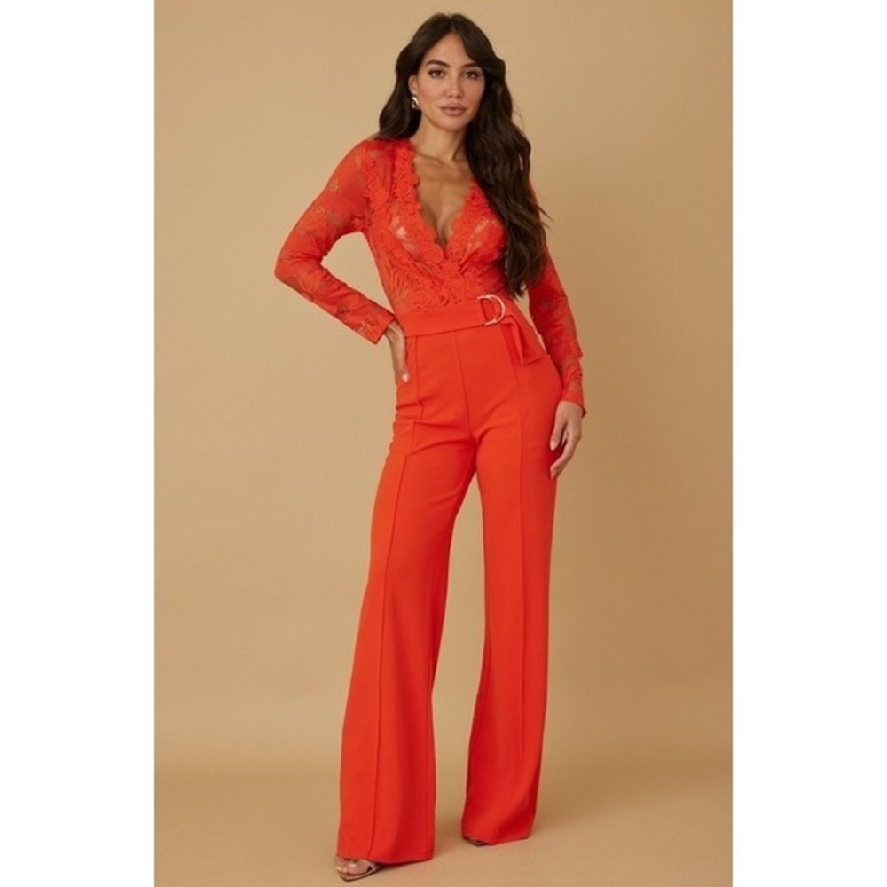 Lace Long Sleeve Wide Leg Jumpsuit Belted V-Neck Orange